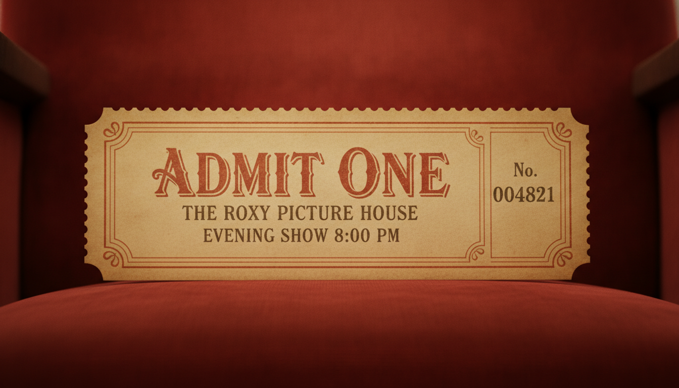 Vintage cinema admit one ticket made with AI: aged cream card stock with ornate letterpress capitals, a decorative border and a boxed serial number