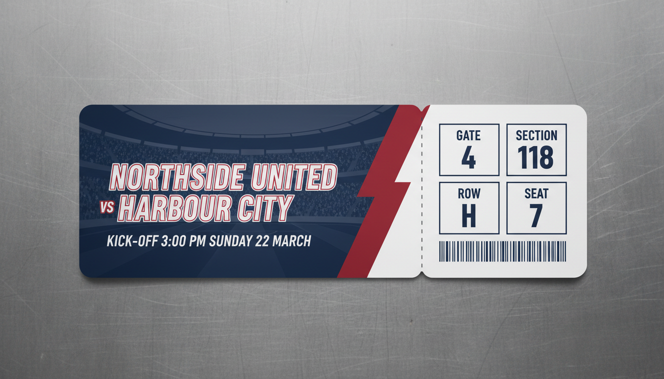Stadium sports game ticket generated by AI: fixture name in bold athletic type with a stub divided into gate, section, row and seat boxes