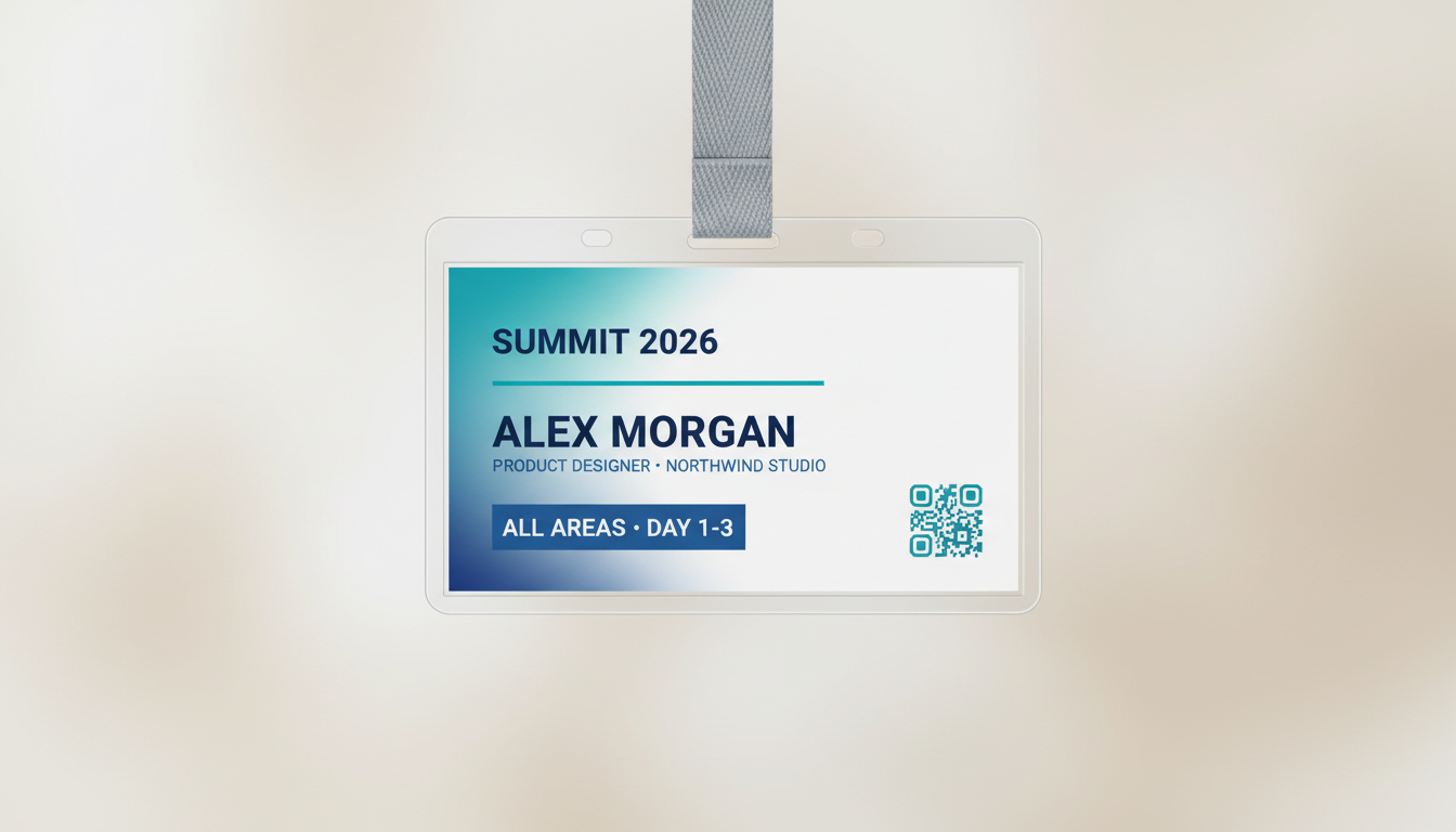 Conference lanyard pass created by the AI event ticket generator: attendee name, job title, all-areas day band and a QR square on a teal gradient card