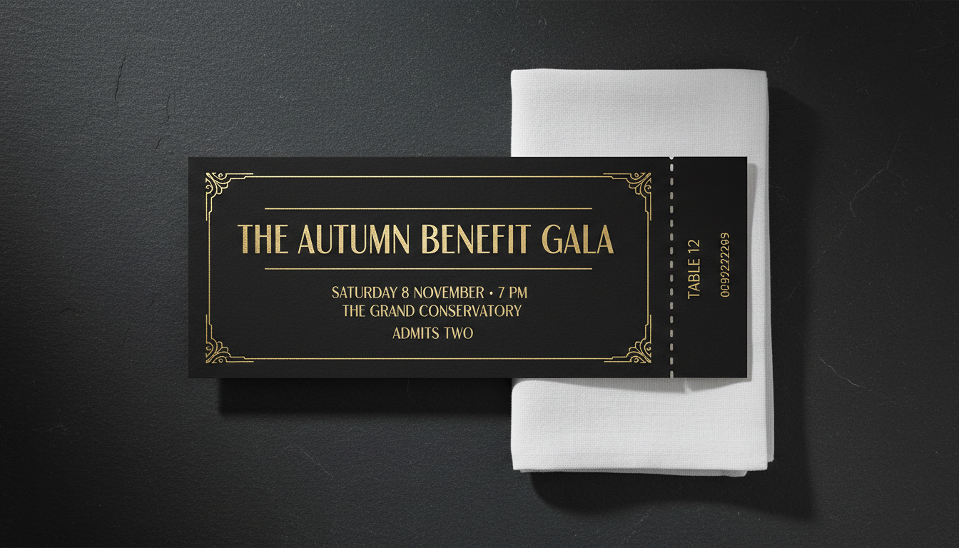 Elegant charity gala dinner ticket designed by AI: black matte stock with gold serif capitals, art-deco flourishes, an admits two line and a table number stub