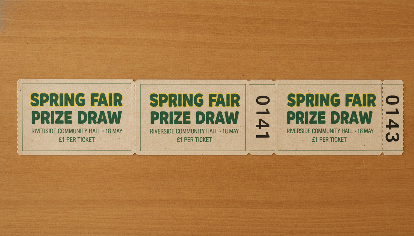 Raffle ticket book from the AI event ticket generator: a strip of three perforated tickets on newsprint card with sequential serial numbers
