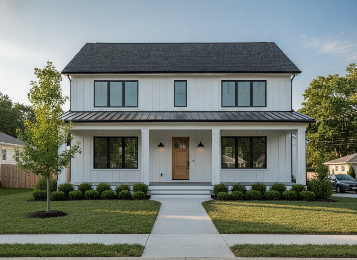 AI exterior design generator result in modern farmhouse style: a two storey house with white board and batten siding, black framed windows, a natural wood front door and a covered porch with square white columns
