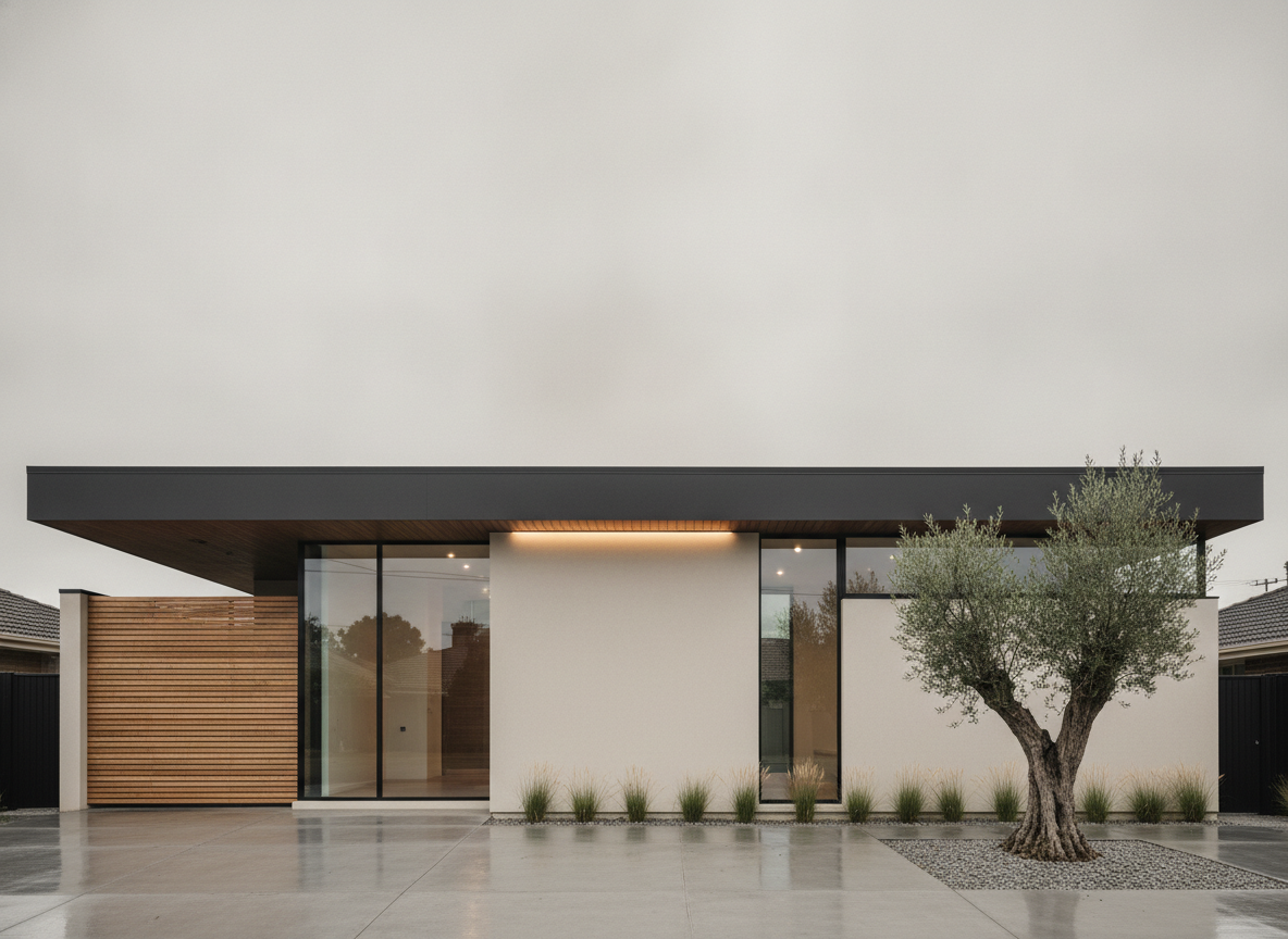 Modern minimalist home exterior design created with AI: flat off white rendered walls, a low flat roof, floor to ceiling black framed glazing, a slatted timber screen and a polished concrete driveway