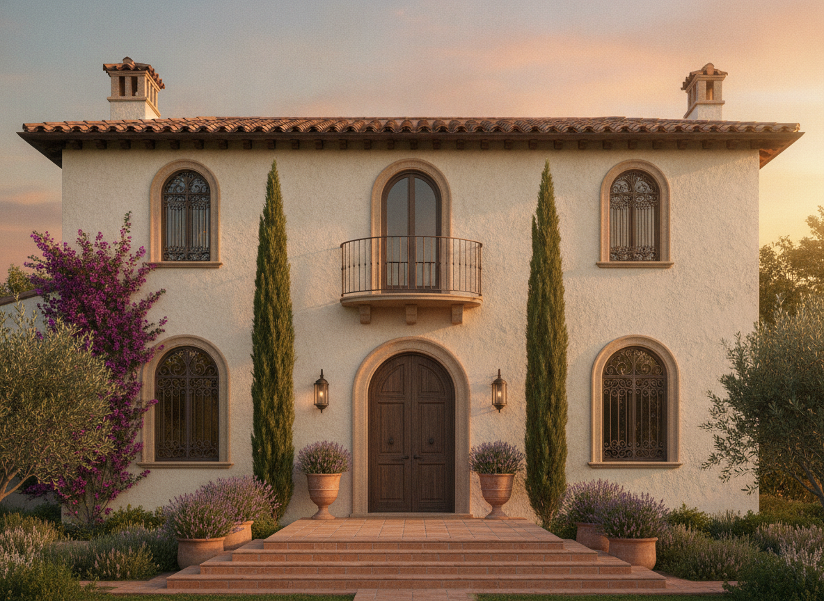 Mediterranean villa exterior generated by the AI exterior design generator: cream stucco walls, a terracotta barrel tile roof, arched windows with wrought iron grilles, cypress trees and bougainvillea