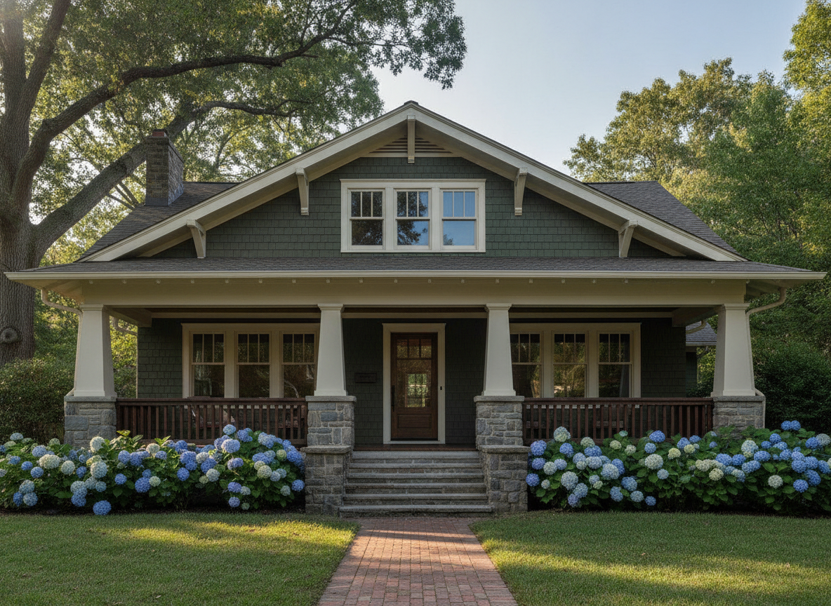 Craftsman bungalow exterior design from AI: olive green shingle siding with cream trim, wide overhanging eaves with exposed rafter tails, tapered columns on fieldstone piers and hydrangeas along the porch