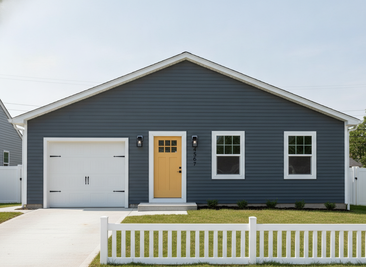 Exterior paint and siding refresh visualised with AI: a single storey house in deep charcoal lap siding with white trim, a mustard yellow front door, black lanterns and a white picket fence