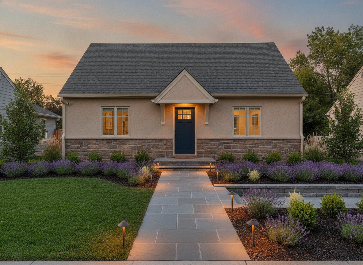 Curb appeal upgrade from the AI exterior design generator: a modest house with a stone base course and navy front door behind a curved flagstone path, lavender planting beds and low level path lighting at dusk
