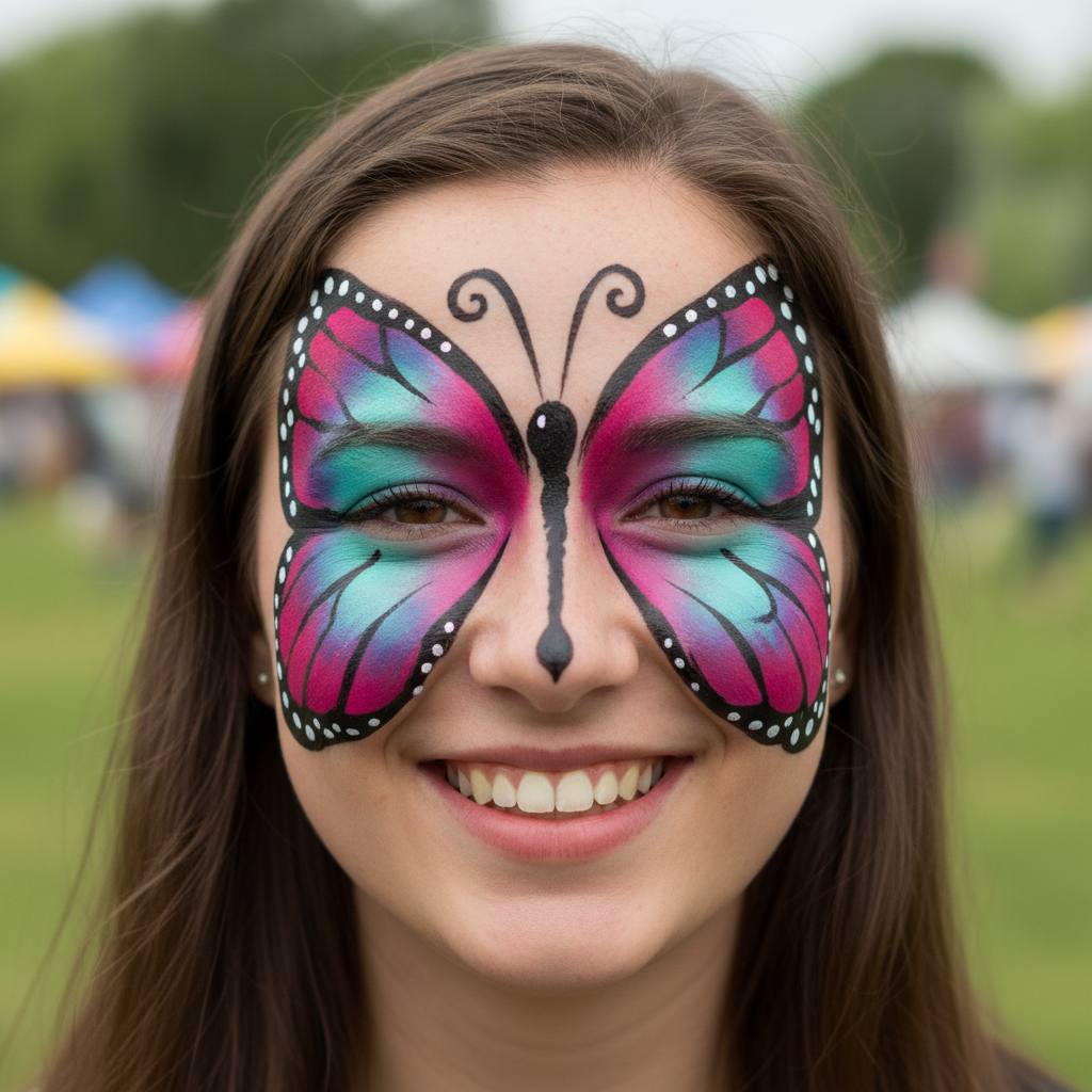 AI face paint design generator result: a full-face butterfly design painted across the upper face of a smiling woman at an outdoor fair, one wing over each eye and eyebrow in blended magenta, violet and turquoise, bold black outlines, rows of small white teardrop dots along the wing edges, a slim black body down the bridge of the nose and two curling antennae on the forehead. The paint reads unmistakably as paint on skin, with sponge mottling in the colour fields and pores visible through the thinner washes. Two drifts. The two wings are not mirror images: the right wing sits wider and higher and runs into the hairline, while the left stops short of it, and the colour bands inside them are ordered differently. And the antennae curl in different directions with different sized loops, which is the detail a parent photographs head-on and notices.