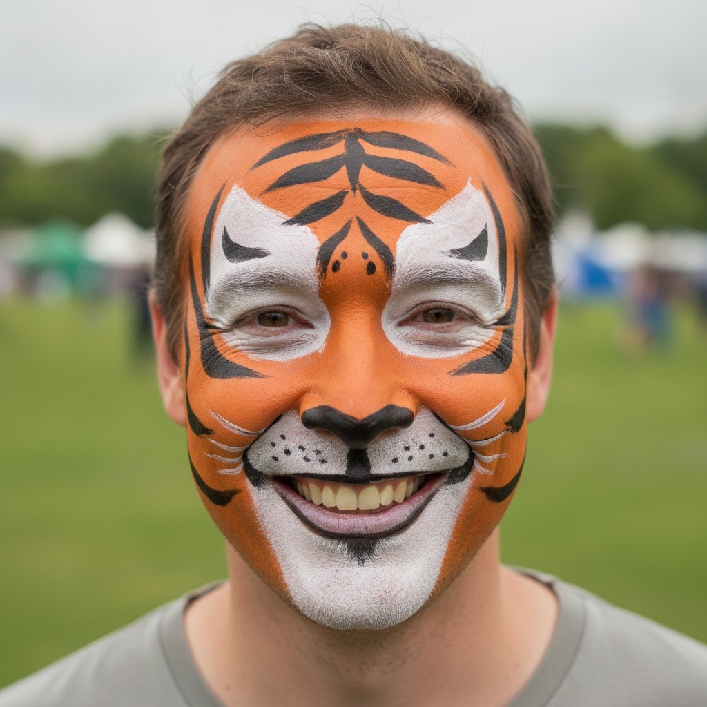 AI face paint design generator result: a full-face tiger design on a grinning man at a family festival, a sponged orange base over the forehead, cheeks and jaw, a white muzzle around the mouth spreading up over the nose and into white brow patches, a solid black nose tip with a line running down to the lip, and bold black stripes of varying thickness across the forehead, temples and cheeks. Fine white whisker strokes and black whisker dots sit on the muzzle. This is the most reproducible design of the six and the stripes genuinely match left to right. Two drifts. A black painted goatee patch appeared on the chin that no part of the prompt asked for, and the black line from the nose was drawn straight through the lips rather than stopping at the upper lip, so the mouth is painted in a way most face painters avoid on a child.