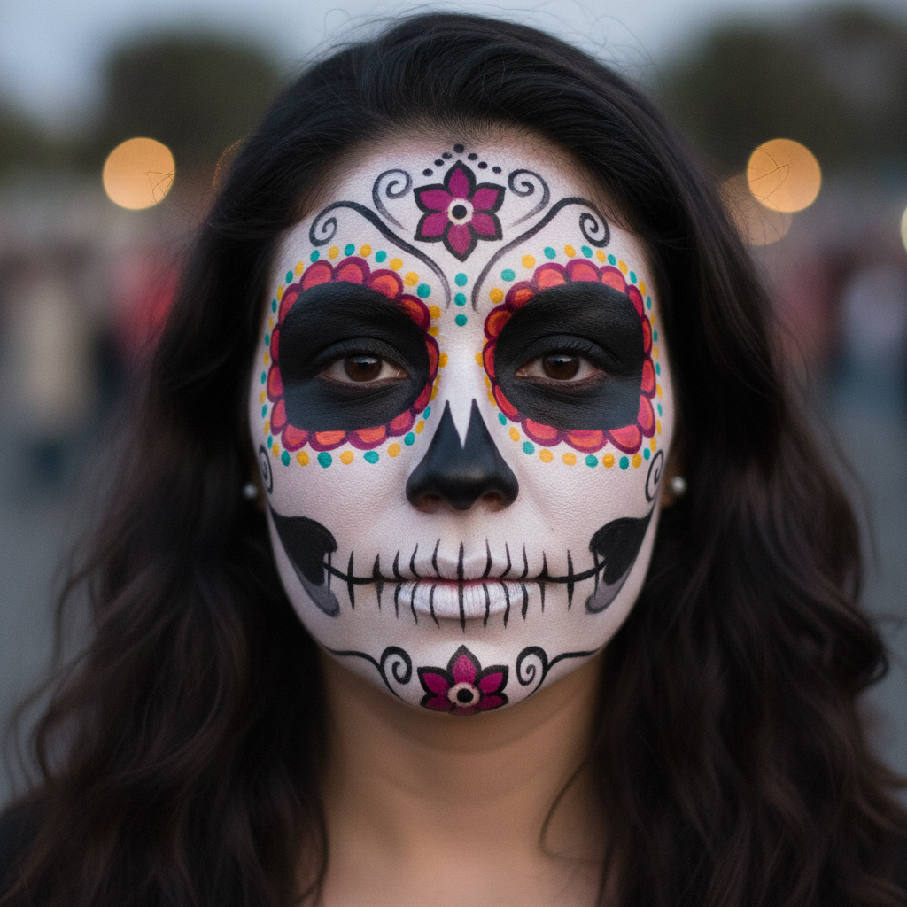 AI face paint design generator result: a Day of the Dead sugar skull design on a woman photographed at dusk, a smooth white base over the whole face, both eyes inside large black sockets ringed with radiating magenta and orange petal collars, an inverted black heart on the nose tip, black stitch marks running from the lips out across both cheeks, and scrolling filigree with a symmetrical rosette on the forehead and on the chin. The symmetry here is the best in the set, right down to the teal and yellow dot rings matching around both eyes. Two drifts. The lips were left as bare pink skin instead of being painted into the skull grin, which breaks the illusion at the centre of the design. And two black tapering hollows were added at the corners of the mouth that were never requested.