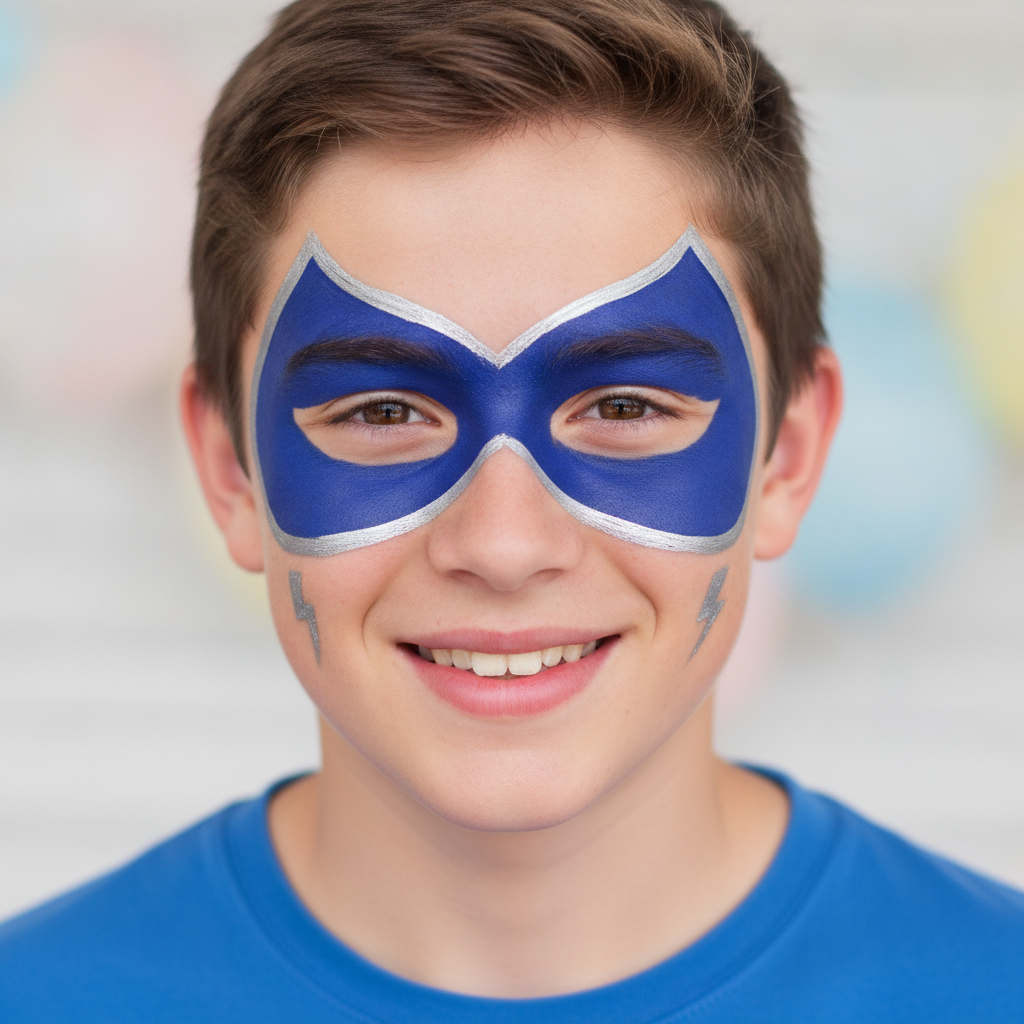 AI face paint design generator result: a painted superhero eye-mask design on a cheerful teenage boy at a birthday party, a deep royal blue field around both eyes and across the bridge of the nose, outlined in bold silver-grey that sweeps up to a peak above each eyebrow and tapers back to the temples, with a small silver lightning bolt on each cheekbone at the same height. The mask shape is perfectly symmetrical and the design is completely original, with no resemblance to any existing character. One serious drift. The solid blue field came back smooth, even and faintly glossy, with no sponge mottling and the eyebrow hair flattened underneath it, so it reads as a moulded vinyl mask rather than cosmetic paint on skin, which is the exact failure the craft instructions were written to prevent.