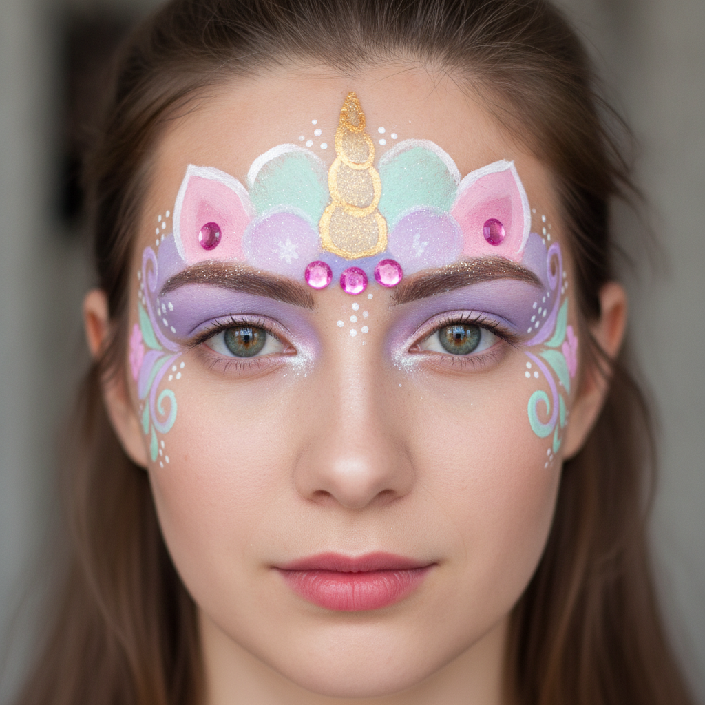 AI face paint design generator result: a pastel unicorn design on a young woman, with a gold glitter horn in the centre of the forehead, pastel pink, lilac and mint petal shapes fanning out above both eyebrows, lilac painted across both eyelids, curled mint and pink flower scrolls at the outer corner of each eye, white dot highlights and five pink flat-backed gems stuck to the skin. The glitter is the standout: it is scattered physical specks catching real light rather than drawn sparkle shapes. Three drifts. The slim spiral horn came back as a short stubby stack of rounded gold blobs. Two pink unicorn ears were added that were never asked for, the word unicorn dragging its own iconography in with it. And the five gems were the right count but the wrong places, two landing on the invented ears instead of above the brows.
