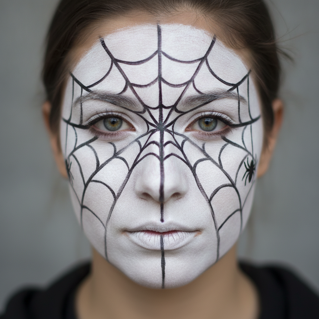 AI face paint design generator result: a Halloween spider web design on a woman in dark clothing, a white base with black web lines radiating from a point between the eyes, joined by curved cross-threads that thin towards the jaw, and a small black spider on the right cheek. The line work is clean and the web geometry is correct. One large drift, and it is the most useful finding on this page. The prompt asked for a half-face design with the entire left side left as bare untouched skin, and what came back covers the whole face, both sides, hairline to chin, including the lips. The partial-coverage instruction was not partially followed, it was ignored completely and replaced with the full-face version of the same design.