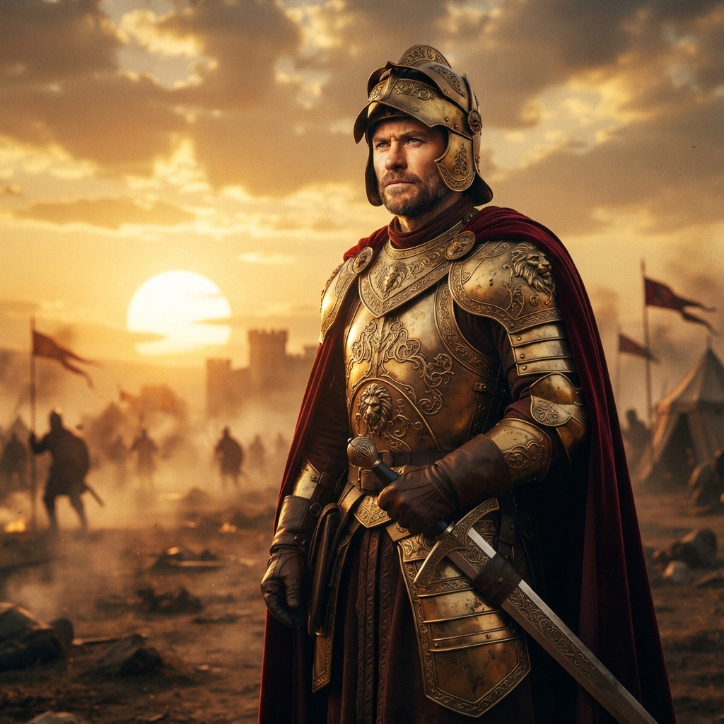 AI faceswap video creator — a person face swapped onto a cinematic movie warrior in golden armor at sunset, made with the AI faceswap video creator