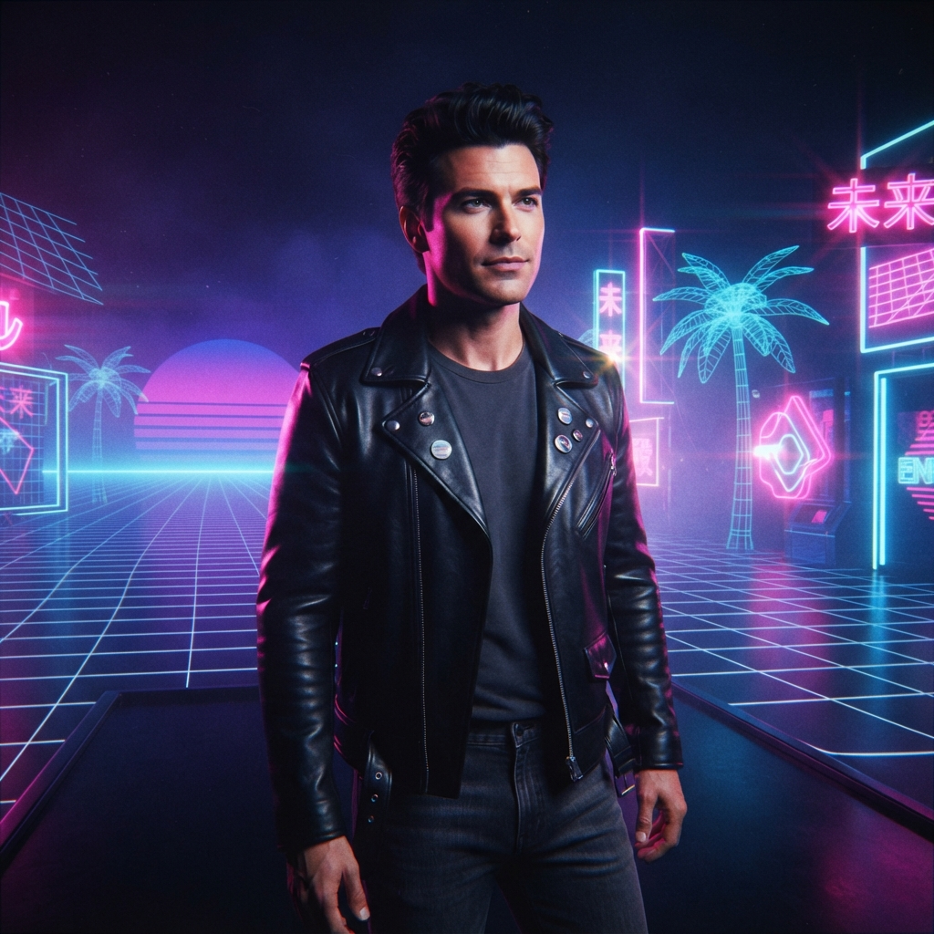 AI faceswap video creator — a person face swapped into a retro 1980s synthwave music video scene with neon lights, created with the AI faceswap video creator