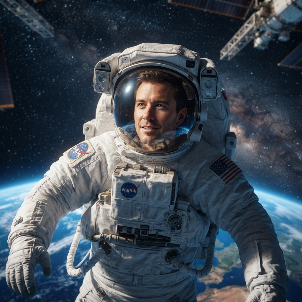 AI faceswap video creator — a person face swapped onto an astronaut floating in space with Earth behind, made with the AI faceswap video creator