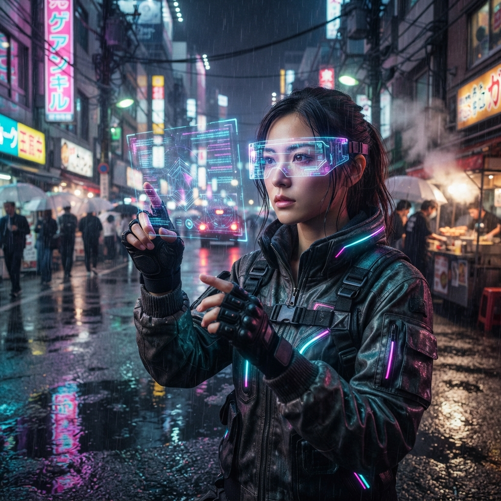 AI faceswap video creator — a person face swapped as a neon cyberpunk hacker on a rainy night street, generated by the AI faceswap video creator