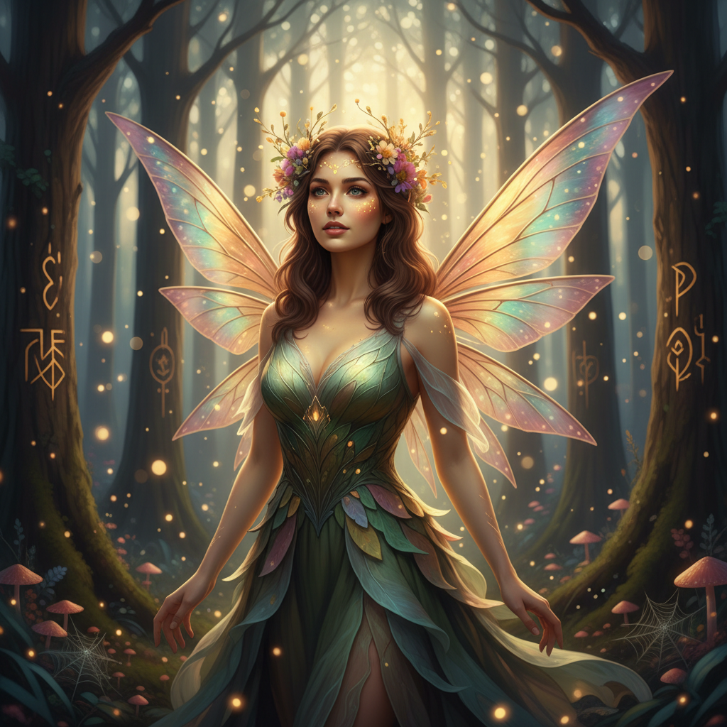AI fairy generator result showing a person turned into a classic woodland fairy with translucent iridescent wings and a flower crown in an enchanted forest, real face preserved