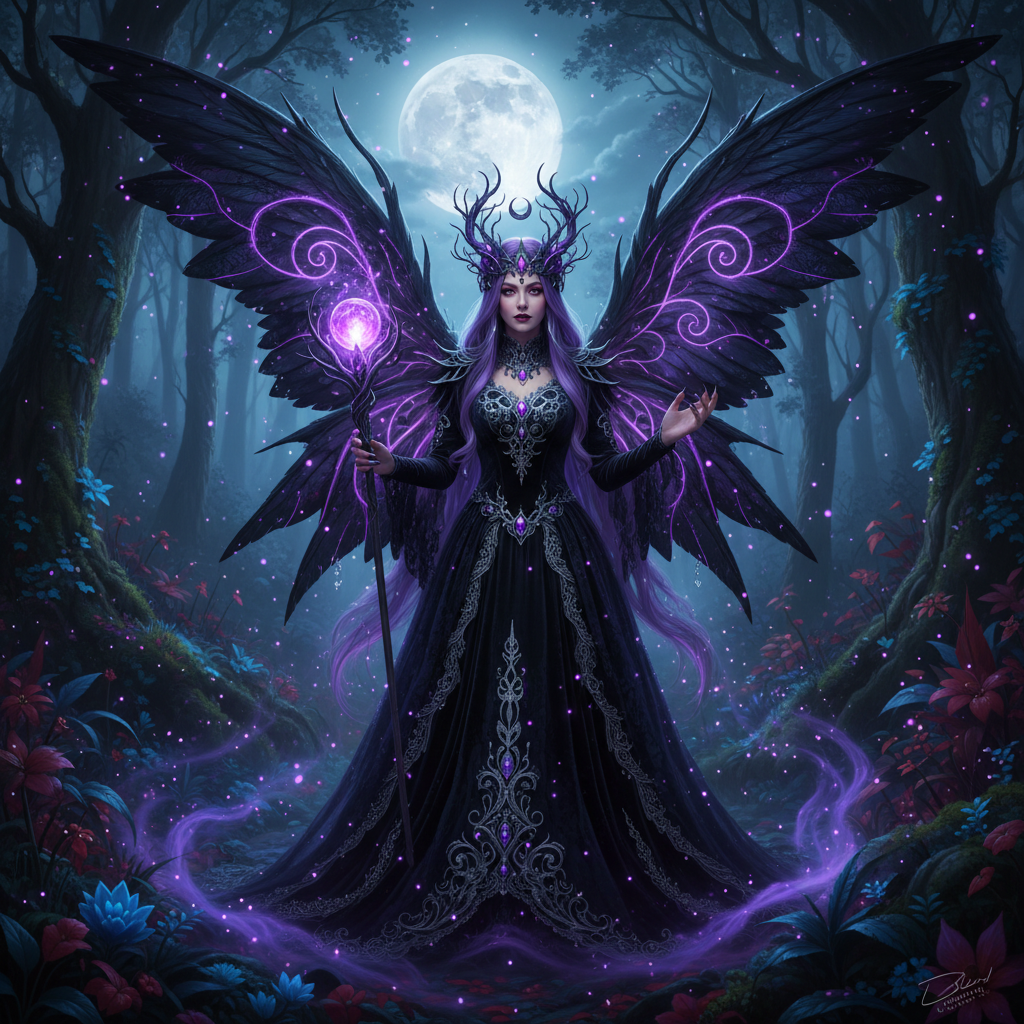 AI fairy generator result showing a person as a dark gothic fairy with dramatic black-and-purple wings in a moonlit night forest with violet sparkles, real face preserved
