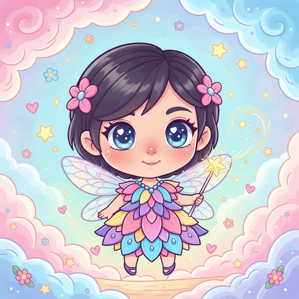 AI fairy generator result showing a person as a cute chibi cartoon fairy with big sparkling eyes, tiny wings, and a glowing wand on a pastel storybook background