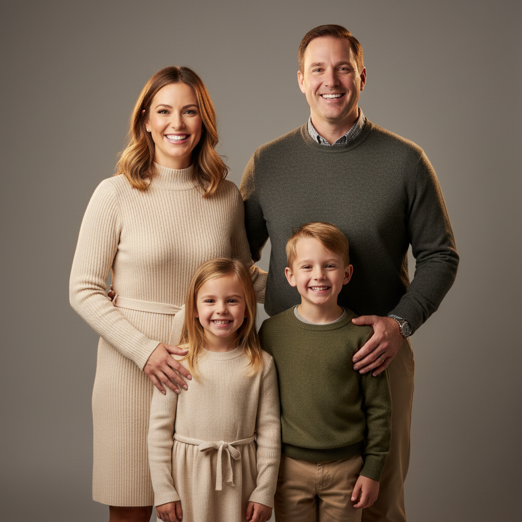 Professional studio AI family portrait of a family of four with warm soft lighting and a neutral backdrop, made by the AI family portrait generator