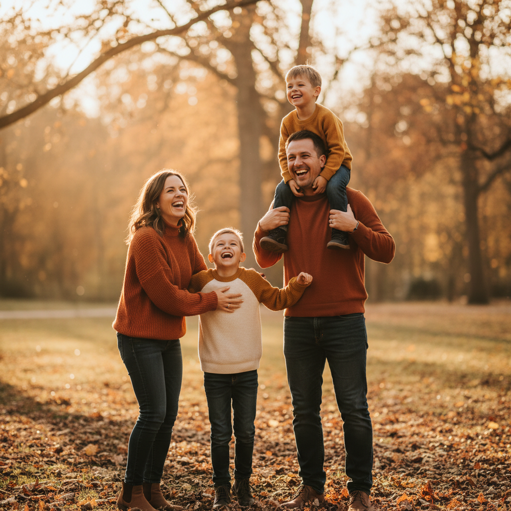 Outdoor golden-hour AI family portrait of a family laughing together in a park with soft autumn bokeh