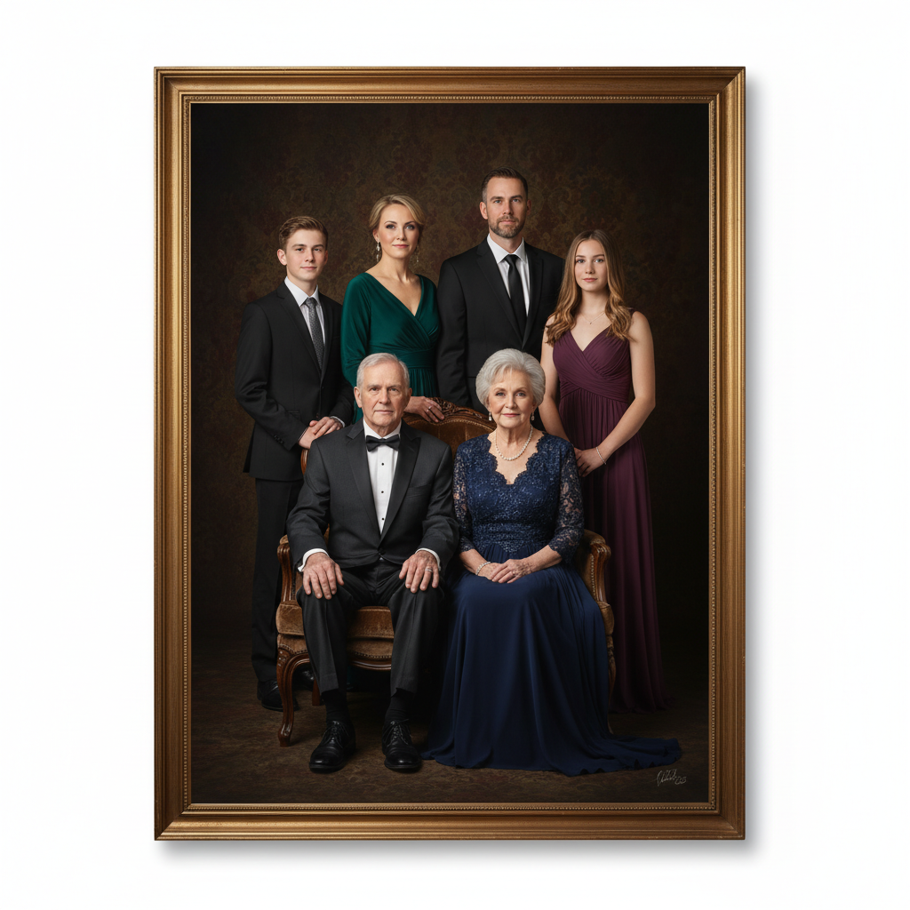 Elegant formal multi-generational AI family portrait with grandparents, classic timeless studio composition