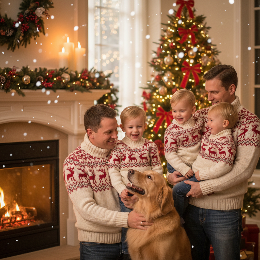 Cozy holiday AI family portrait by a fireplace with matching knit sweaters and warm Christmas lights