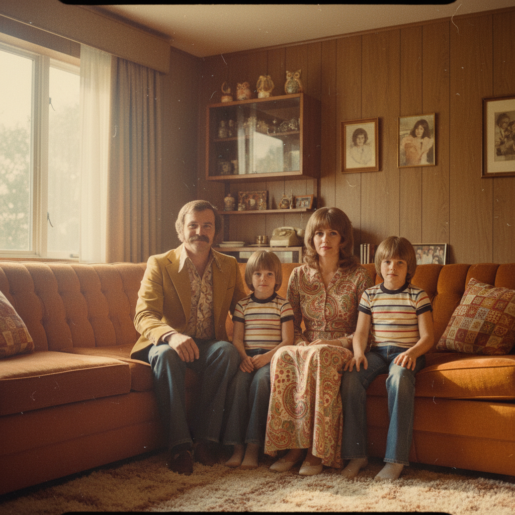 Vintage film-style AI family portrait with nostalgic 1970s warm faded tones and analog grain