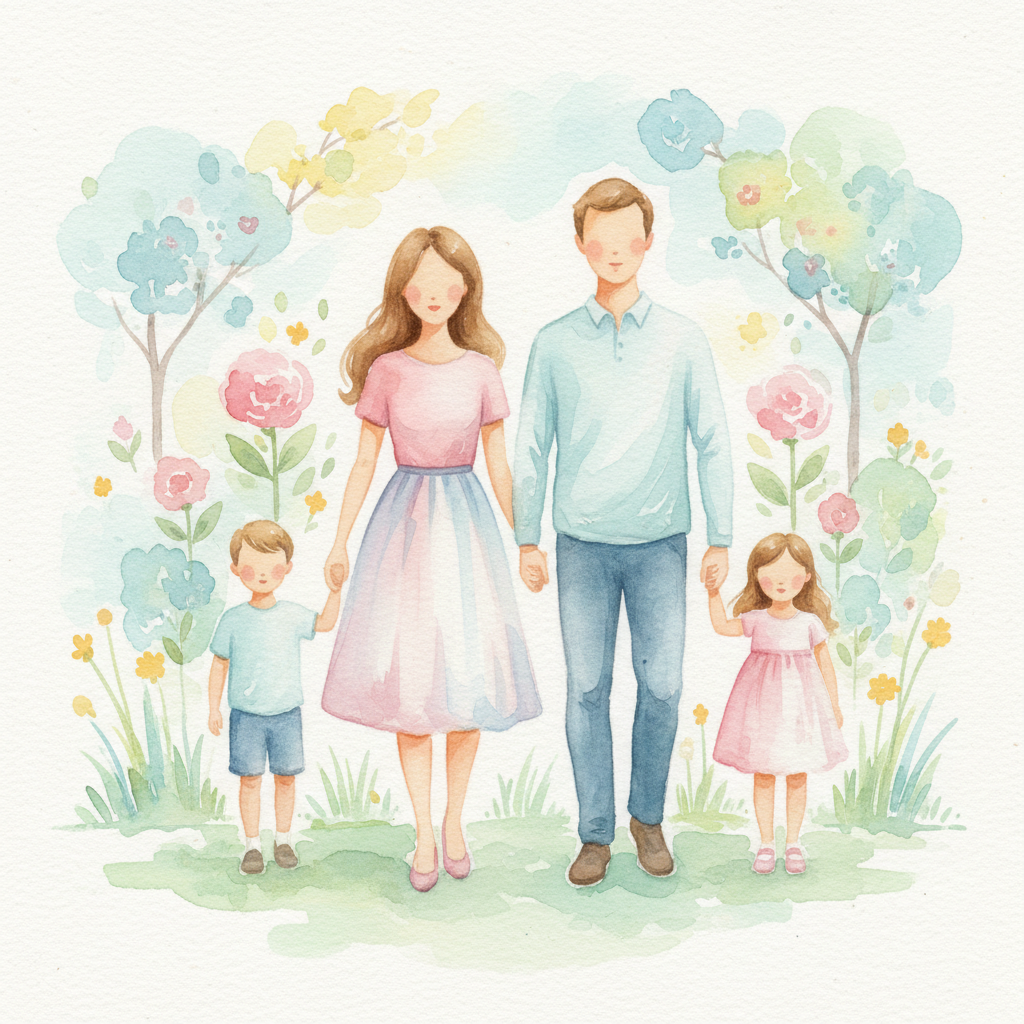Hand-painted watercolor AI family portrait of a family of four in soft pastel artistic illustration style