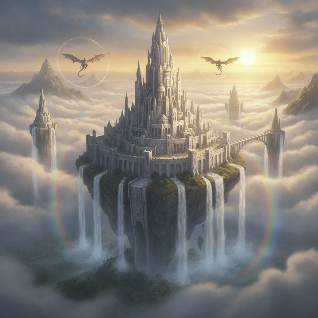 Epic fantasy landscape with a floating castle above a sea of clouds created with the AI fantasy art generator