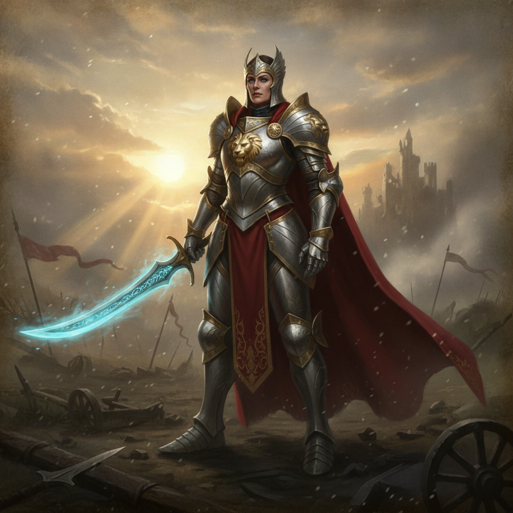 Armored fantasy warrior queen with a glowing enchanted sword generated with the AI fantasy art generator