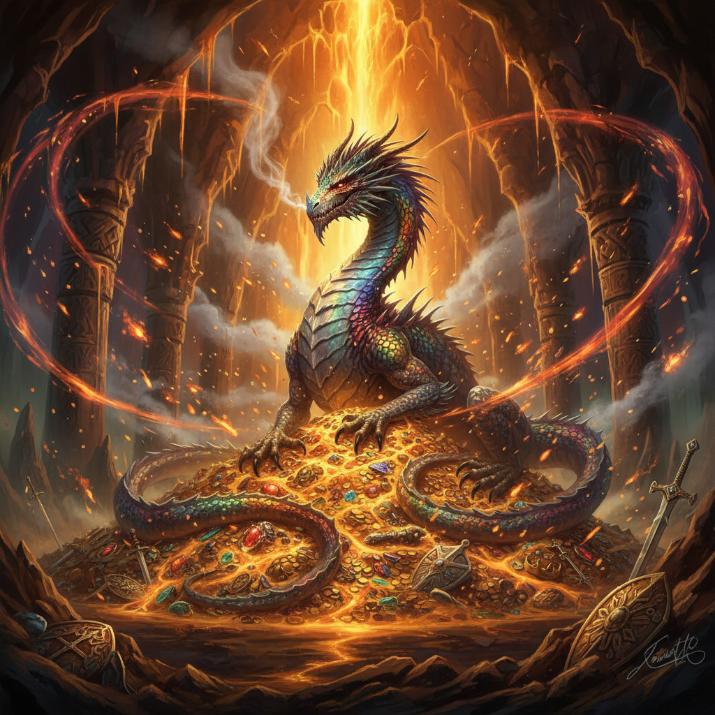Ancient dragon with iridescent scales guarding a mountain of gold made with the AI fantasy art generator