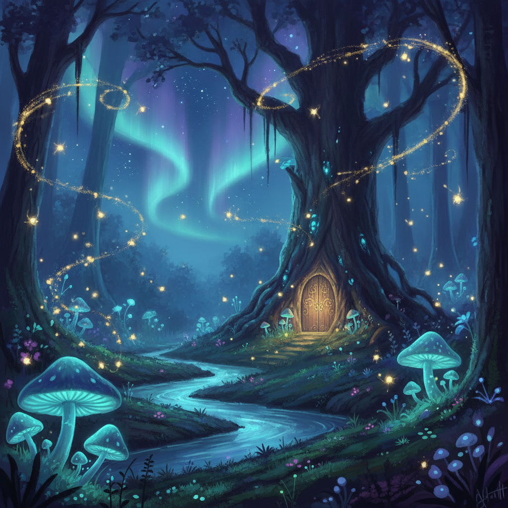 Enchanted glowing forest with bioluminescent mushrooms at night created with the AI fantasy art generator