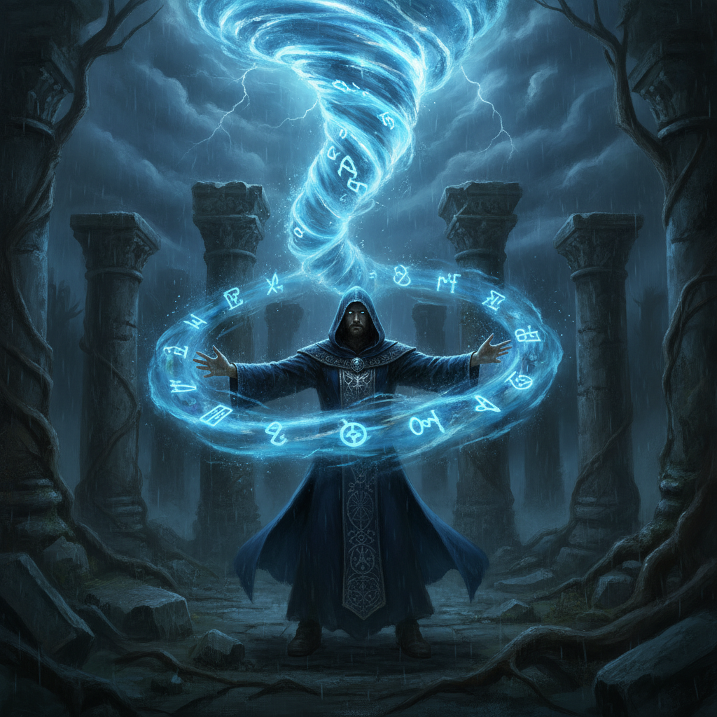 Arcane mage casting swirling blue magic with floating runes generated with the AI fantasy art generator