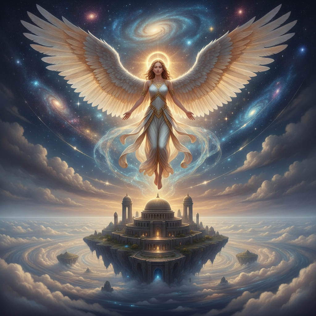 Celestial angelic being with radiant feathered wings above a cloud temple made with the AI fantasy art generator