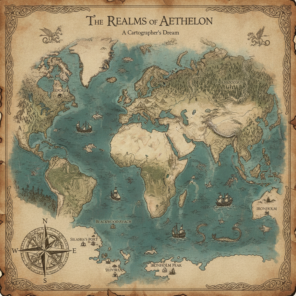 AI fantasy map generator result showing a detailed hand-drawn world map on aged parchment with continents, mountain ranges, forests, rivers, and labeled kingdoms
