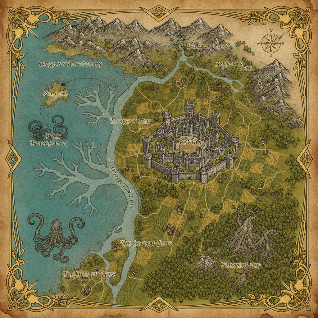 AI fantasy map generator result showing a regional kingdom map with a walled capital city, farmlands, river delta, and mountain passes in antique treasure-map style