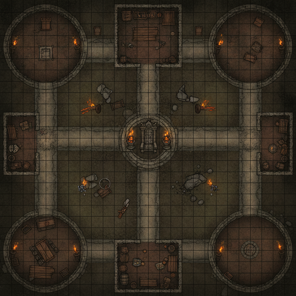 AI fantasy map generator result showing a top-down Dungeons and Dragons battle map with torch-lit stone corridors, chambers, a throne room, and a grid overlay