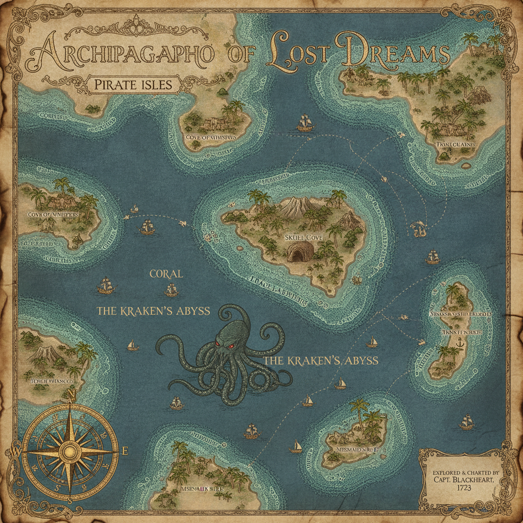 AI fantasy map generator result showing an archipelago map of tropical islands with pirate coves, a kraken, and dotted sailing routes on a vintage nautical chart