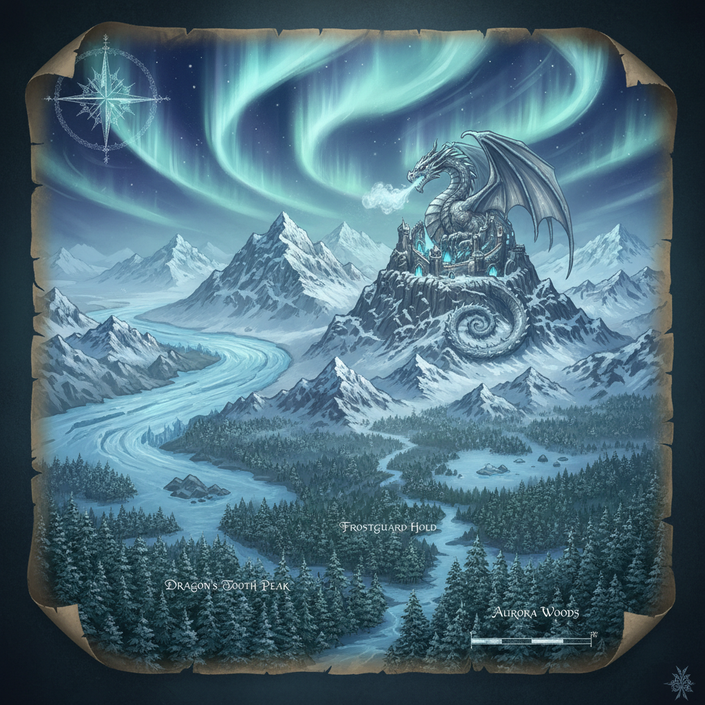 AI fantasy map generator result showing a snow-covered northern realm map with glaciers, frozen fjords, a dragon-guarded mountain fortress, and aurora skies