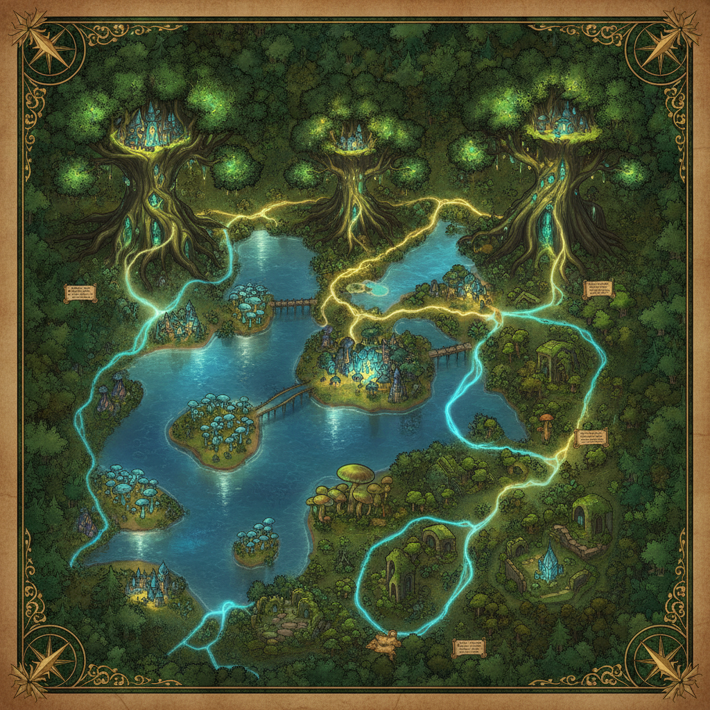 AI fantasy map generator result showing an enchanted forest kingdom map with elven treetop cities, crystal lakes, glowing ley lines, and hidden ruins