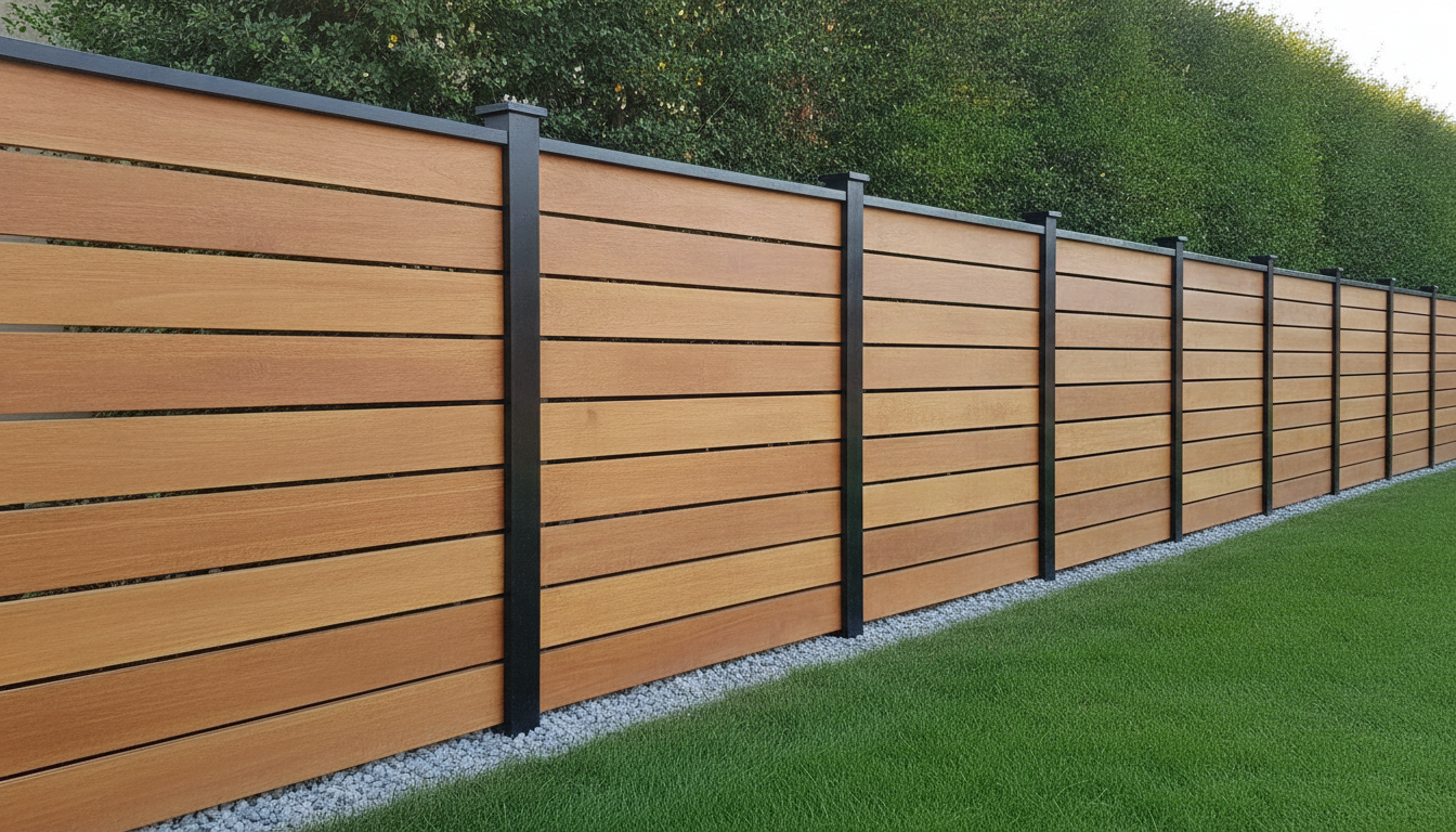 AI fence design generator result: a horizontal slatted boundary fence in warm tan timber running away from the camera along a mown lawn, with slim black posts, black post caps and a black capping rail. The timber is the best thing here, with plausible straight grain and a consistent oiled sheen, and the posts are genuinely present and capped, which is more than most horizontal fences get in a render. Almost nothing else repeats. The bay on the left is far wider than any slat could span, the bays then crowd together faster than perspective explains, and the slat courses do not line up across the posts, so the rhythm jumps at every one. The gaps between slats are inconsistent, showing hedge through some and solid shadow in others. The brief asked for late afternoon side light raking across the slats, and a six foot fence casts no shadow at all on the grass beside it.