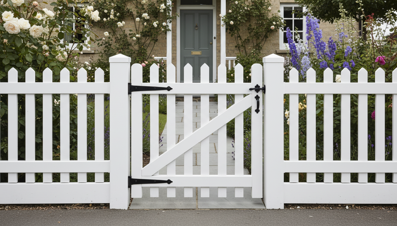 AI fence design generator result: a white painted picket fence and matching gate along the front boundary of a stone house, with roses, delphiniums and a flagstone path running through to the door. This is the strongest image in the set, and the gate is the surprise: two black strap hinges on the left post, a thumb latch on the right, and a diagonal brace running correctly from the bottom hinge corner up towards the latch corner, which is the one piece of gate geometry renders normally get backwards. Look along the run and it comes apart. The fence pickets are pointed and the gate pickets are square topped, so the gate belongs to a different fence. Picket spacing widens and narrows from bay to bay. Neither run has an end post; both simply leave the frame. And the pickets stop in mid air above the pavement with nothing below them, where a real fence has a bottom rail and a measured gap.