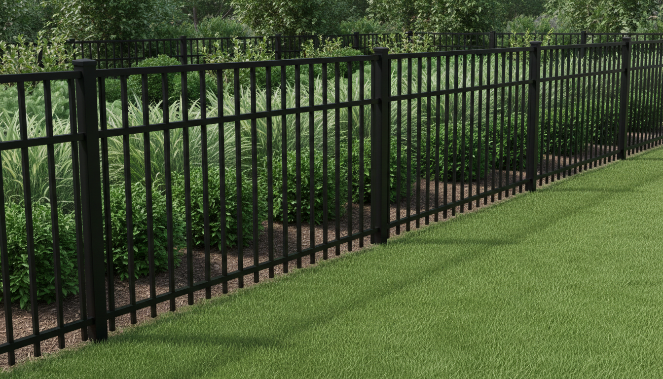 AI fence design generator result: a black powder coated metal fence enclosing a bed of clipped shrubs and ornamental grasses, with a lawn on the near side. The colour, the sheen and the planting are convincing, although the whole frame reads as a 3D render rather than a photograph. Three things give it away. A second identical fence runs behind the planting at a different height and joins nothing, which is the phantom duplicate that turns up whenever a run has to recede. The panels were specified with flat topped pickets between a top and a bottom rail, and arrived with three rails and pickets projecting past both. And the bottom of the fence holds one straight line while the ground rises and falls beneath it, so the gap under the rail swings from nothing to a hand span. In bright even daylight, the pickets stripe no shadow onto the grass at all.