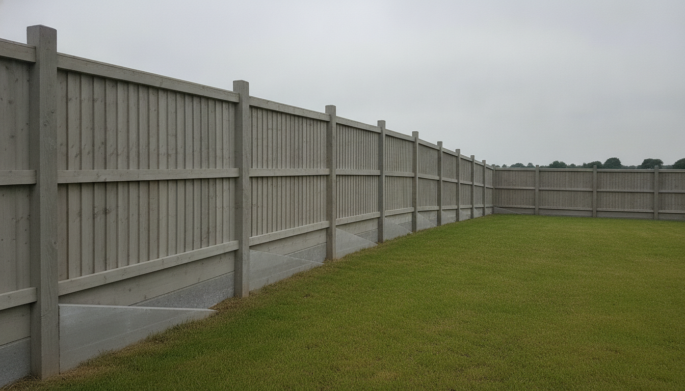 AI fence design generator result: a grey stained close board fence stepping down in level bays, with concrete gravel boards closing the gap below each panel. This preset asks for the one thing every fence gallery avoids, a run on sloping ground, and the answer is the most revealing image on the page. The fence steps, exactly as asked. The ground does not slope. The lawn is flat and the horizon is level, so the model has kept the symptom of a slope while deleting the slope itself and the panels descend for no reason. The gravel boards are the tell: instead of vertical slabs sitting in the line of the fence, they are drawn as concrete ramps wedged against it and spilling out across the grass as a poured apron. Further along, the run breaks and restarts as a separate fence at a different level behind a strip of grey paving.