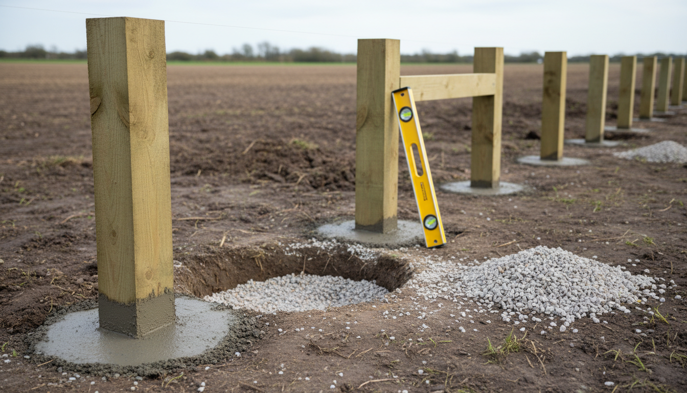 AI fence design generator result: a line of pressure treated fence posts standing in a bare field with concrete around their bases, an open hole, heaps of gravel, a single rail and a spirit level. Half of this is the most useful picture on the page, because practically no design tool will show you a fence with the panels off. The other half is worth arguing with. Not one post is in a hole. The concrete is poured as a flat pancake spread over the surface of the soil and dished in towards the timber, where the real thing is a collar in a hole that goes down a third of the post and is domed so water runs off. The open hole is not on the post line and is not round, and the gravel that should be bedding its bottom is heaped beside it. Post spacing wanders, post heights vary on flat ground, the string line reaches only the first two posts, and the level leans against a post rather than on it, carrying a smudge of unreadable pseudo lettering where a real one has printed markings.