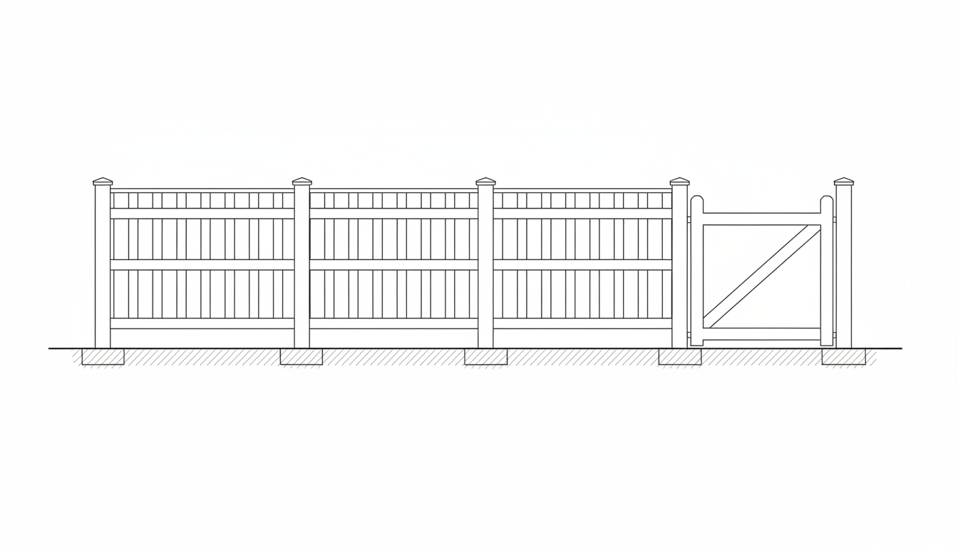 AI fence design generator result: a flat line elevation of a boarded fence with capped posts, three rails to a bay and a braced gate at the right hand end. It is clean, square and completely free of text, which makes it the most useful of the six to hand to a fencer, and it is also the clearest picture of what a render leaves out. One thing genuinely improved here: hatched footings are drawn below the ground line rather than sitting on top of it, which is the first time in this series of pages that has happened. It is still only half right, because the post stops at the ground line instead of continuing down into the footing, so the pad reads as something the fence rests on. The gravel board asked for along the bottom is missing entirely, leaving the whole face floating above the soil, the gate is shorter than the fence and grows odd rounded lugs at its top corners, and the drawing sits small in a sea of white rather than filling the sheet.