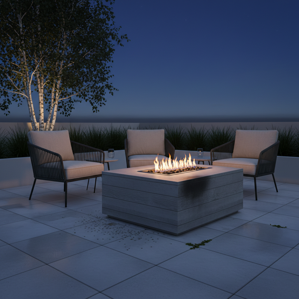 AI fire pit design generator result: a modern square board-formed concrete gas fire pit table lit at blue dusk, a straight row of low flames rising from lava rock in a long steel trough, throwing warm light across grey porcelain paving and three dark cord armchairs with pale cushions.