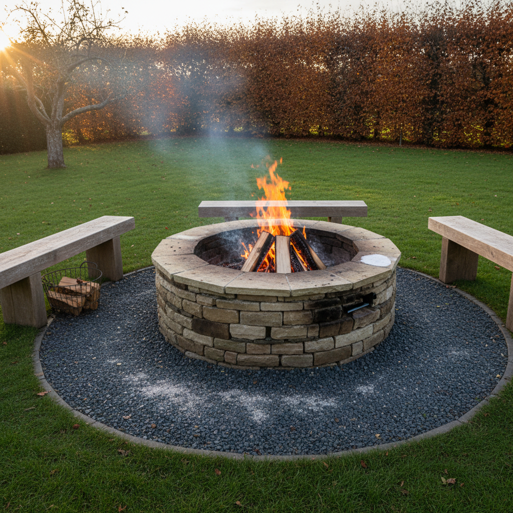 AI fire pit design generator result: a round dry-stacked stone fire pit with flat coping slabs, split logs burning inside above a soot-blackened wall, standing on a circular grey gravel apron edged into a lawn with three timber bench slabs and a wire log basket around it, a copper beech hedge behind.